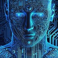 Artificial intelligence  virtual character. Alien portrait for concept design. Retro future 3D render illustration. Blue glow light with computer board elements. Ai render. photo