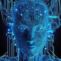 Artificial intelligence  virtual character. Alien portrait for concept design. Retro future 3D render illustration. Blue glow light with computer board elements. Ai render. photo