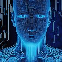 Artificial intelligence  virtual character. Alien portrait for concept design. Retro future 3D render illustration. Blue glow light with computer board elements. Ai render. photo