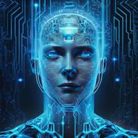 Artificial intelligence  virtual character. Alien portrait for concept design. Retro future 3D render illustration. Blue glow light with computer board elements. Ai render. photo