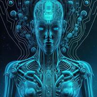 Artificial intelligence  virtual character. Alien portrait for concept design. Retro future 3D render illustration. Blue glow light with computer board elements. Ai render. photo