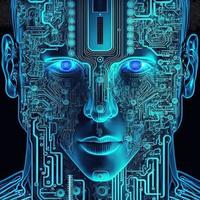 Artificial intelligence  virtual character. Alien portrait for concept design. Retro future 3D render illustration. Blue glow light with computer board elements. Ai render. photo