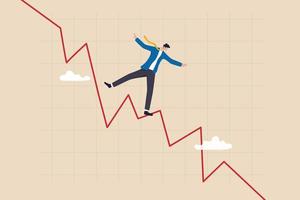 Investing in market downturn, recession or financial crisis, short sell or make profit in stock market, crypto currency decline concept, smart businessman trader acrobat walking on red decline graph. vector