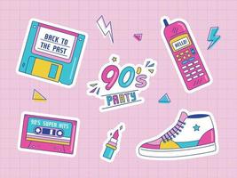 retro parche insignias con labios, zapatillas, casete, disquete, teléfono, etc. Años 90 fiesta. vector ilustración en rosado antecedentes. conjunto de pegatinas, patas, parches en de moda 90s memphis estilo