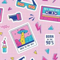 Vector 90s seamless pattern with ufo in night forest, cassette, sunglasses. 90s party. Vector illustration on pink background. Stickers, pins, patches in trendy 90s memphis style