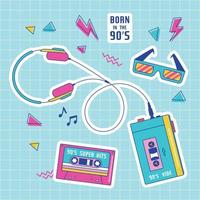 Set of Retro patch badges with cassette, walkman, sunglasses, etc. 90's disco. Vector illustration on pink background. Set of stickers, pins, patches in trendy 90s memphis style.