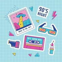 Retro patch badges with cassette,  sunglasses, ufo photo, etc. 90's party. Vector illustration on pink background. Set of stickers, pins, patches in trendy 90s memphis style