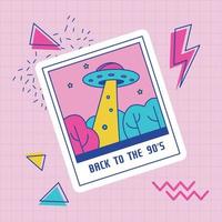 Retro photo of ufo in night forest. 90's party. Vector illustration on pink background. Stickers, pins, patches in trendy 90s memphis style