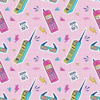 Vector 90s seamless pattern with mobile phones. 90s style. Vector illustration on pink background. Stickers, pins, patches in trendy 90s memphis style