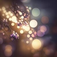 Abstract fairy tale blurred background with flower plant elements and bokeh lights. . photo