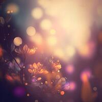 Abstract fairy tale blurred background with flower plant elements and bokeh lights. . photo