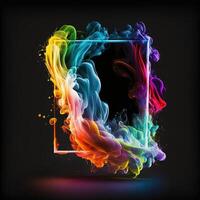 Abstract 3D frame with puffs of colorful smoke and neon light on a black background. . photo