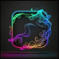 Abstract 3D frame with puffs of colorful smoke and neon light on a black background. . photo