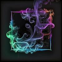 Abstract 3D frame with puffs of colorful smoke and neon light on a black background. . photo