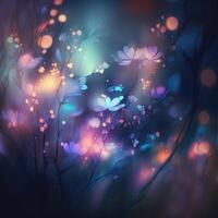 Abstract fairy tale blurred background with flower plant elements and bokeh lights. . photo