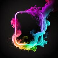 Abstract 3D frame with puffs of colorful smoke and neon light on a black background. . photo