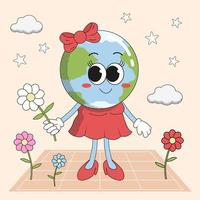 Mother Earth Day holiday illustration in 1970s groovy style, cute Earth planet character in a dress with daisy flower in her hand. vector