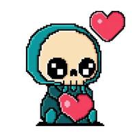 pixel art cute skull holding love design vector