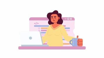 Animated writing code job. Applications, software programming. Woman with laptop. 2D cartoon flat character 4K video footage on white with alpha channel transparency. Concept animation for web design