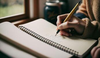 woan hand with pen writing on notebook, close up hand writing in spiral notepad placed on wooden desktop with various items, photo