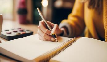 woan hand with pen writing on notebook, close up hand writing in spiral notepad placed on wooden desktop with various items, photo