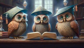 group of owl wearing degree cap reading books and learning in library, education and knowledge concept, photo