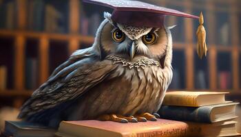 close up an owl wearing degree cap reading books and learning in library, education and knowledge concept, photo