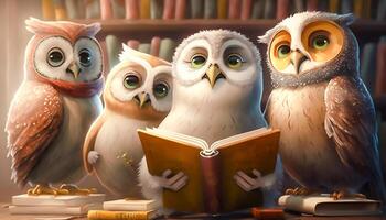 group of owl reading books and learning in library, education and knowledge concept, photo