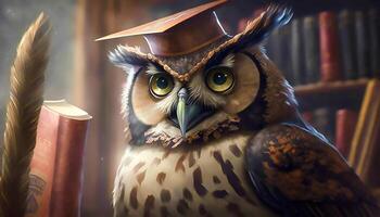 close up an owl wearing degree cap reading books and learning in library, education and knowledge concept, photo