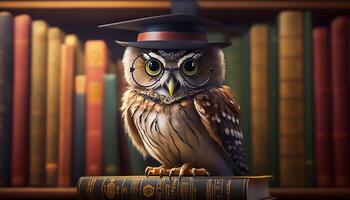 sabio búho vistiendo graduación gorra y lentes en contra un apilar de libros en un mesa en un biblioteca entre el estantes, generativo ai foto