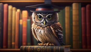 Wise owl wearing graduation cap and glasses against a stack of books on a table in a library among the shelves, photo