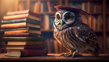 sabio búho vistiendo graduación gorra en contra un apilar de libros en un mesa en un biblioteca entre el estantes, generativo ai foto