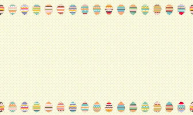 Easter banner with chocolate rabbits and beautifully painted eggs set on the grass. Concept of Easter egg hunt or egg decorating art. Background pastel color minimal design
