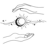 manos con sol, Luna y estrellas. resumen símbolo para productos cosméticos y embalaje, joyas, logo, tatuaje. esotérico. lineal estilo. vector