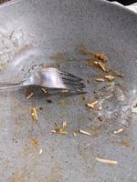 Empty bowl after dinner with fork and remaining spaghetti. The photo is suitable to use for food poster and food content media.