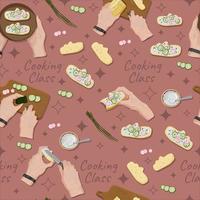 Cooking class with hands of old woman that cooking healthy sandwich from personal pint of view. Flat seamless pattern. Ideal for paper, wrapping, wallpaper, kitchen textile, background vector