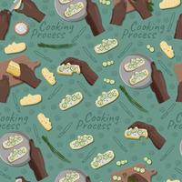 Cooking process of healthy sandwiches with black hands. Modern flat seamless pattern from the personal point of view. Perfect for paper, wrapping, wallpaper, kitchen textile, background vector