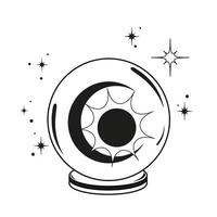 Crystal ball with black sun, moon, stars. Spiritual session. Esoteric, magic, predictions vector