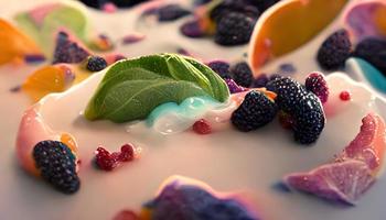 Appetizing dessert with ice cream with fruits and berries. 3D illustration. photo