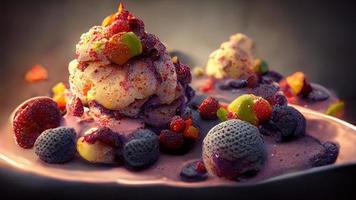 Appetizing dessert with ice cream with fruits and berries. 3D illustration. photo