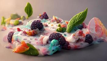 Appetizing dessert with ice cream with fruits and berries. 3D illustration. Ai render photo