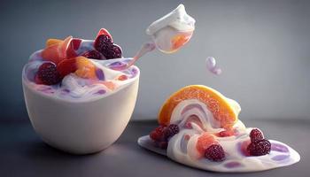 Appetizing dessert with ice cream with fruits and berries. 3D illustration. photo