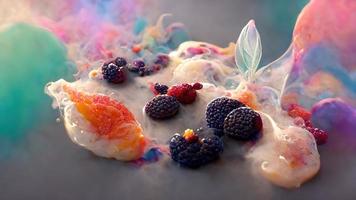 Appetizing dessert with ice cream with fruits and berries. 3D illustration. photo