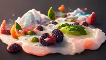Appetizing dessert with ice cream with fruits and berries. 3D illustration. photo