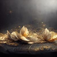 Magic fairy tale luxury background with golden flowers pollen light effects. 3D illustration. Ai render. photo