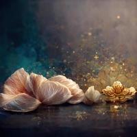 Magic fairy tale luxury background with golden flowers pollen light effects. 3D illustration. Ai render. photo