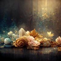 Magic fairy tale luxury background with golden flowers pollen light effects. 3D illustration. Ai render. photo