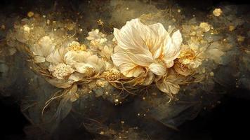 Magic fairy tale luxury background with golden flowers pollen light effects. 3D illustration. Ai render. photo