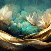 Delicate fabulous turquoise luxury background with magic flowers jewels and light effects. 3D illustration. photo