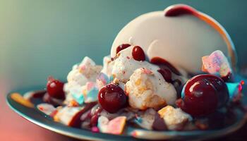 apetitoso postre con hielo crema con frutas y bayas. ai generado foto